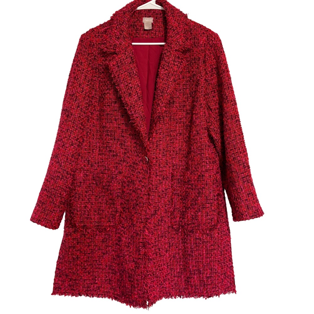 Chicos Red Pink Tweed Metallic Fringe Topper Coat Jacket Size 3 XL 16 18